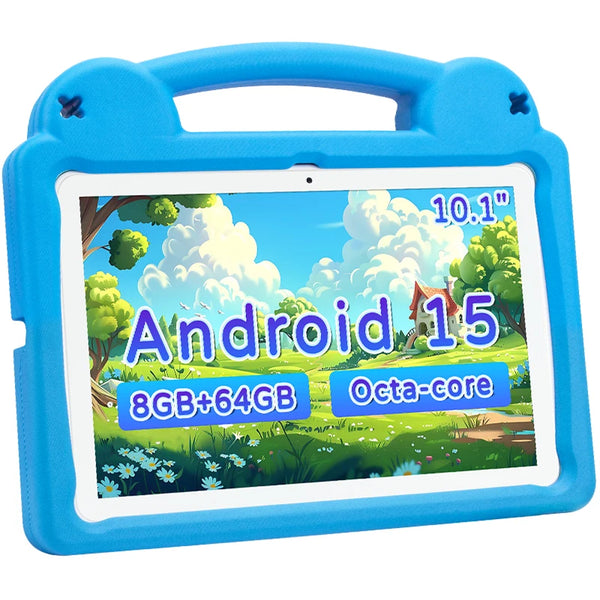 A blue kids tablet PC with a protective case displaying the Android 15 operating system and specifications.