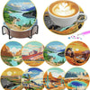 An assortment of eight diamond painting coasters featuring scenic landscapes and nature scenes.