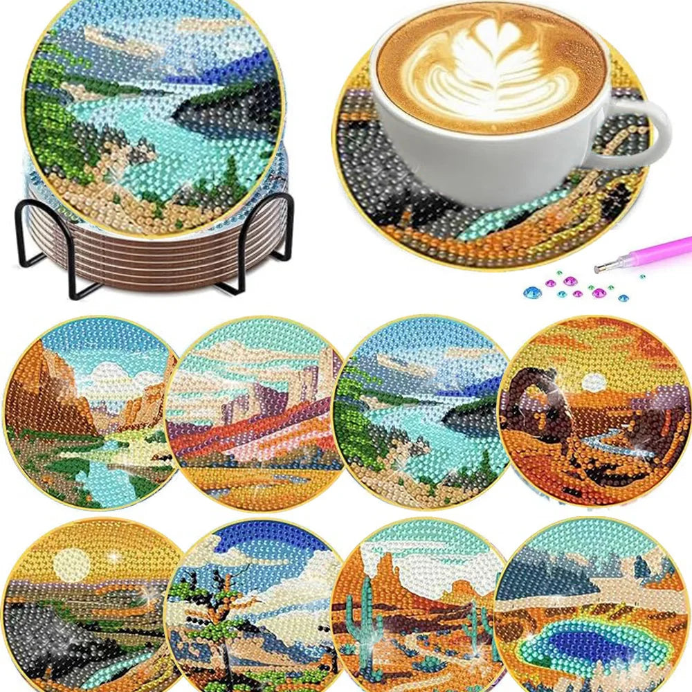An assortment of eight diamond painting coasters featuring scenic landscapes and nature scenes.
