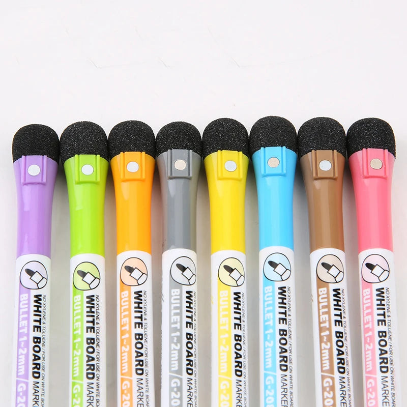 A set of ten magnetic dry-erase whiteboard markers in various colors including purple, green, orange, gray, yellow, blue, bro