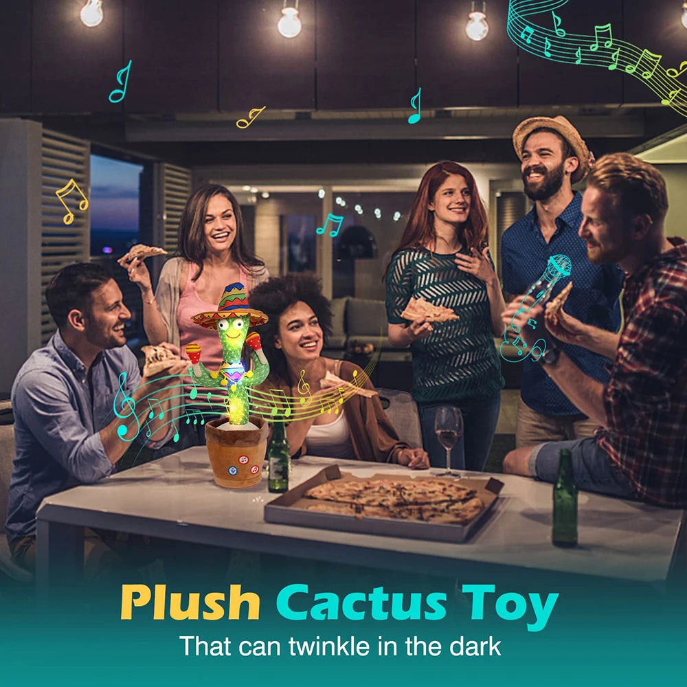 A group of people interacting with a plush cactus toy that can twinkle in the dark.
