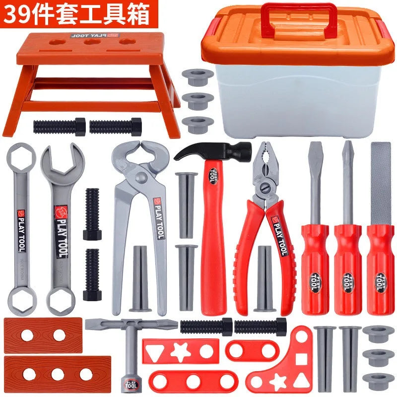 A set of kids pretend play tools including a toolbox, various wrenches, pliers, and drills.