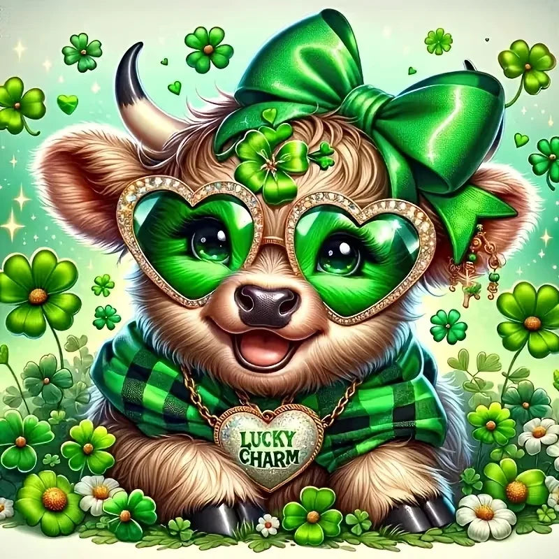 A cute brown and white cow with a green bow wearing heart-shaped glasses and a plaid scarf surrounded by green flowers.