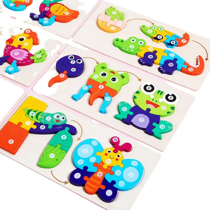 A wooden life cycle learning puzzle featuring colorful plastic animals like frogs and insects.