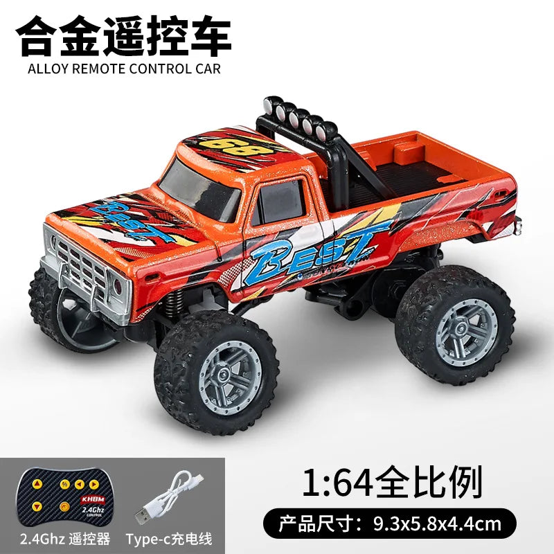 A red and black 1:64 scale alloy remote control monster truck toy car with visible LED lights.