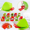 A set of green frog masks and red tongue-catching cards for a family party game.