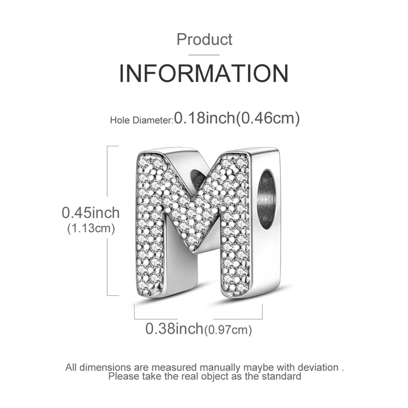 A silver charm bead shaped like the letter M with a hole for DIY jewelry making