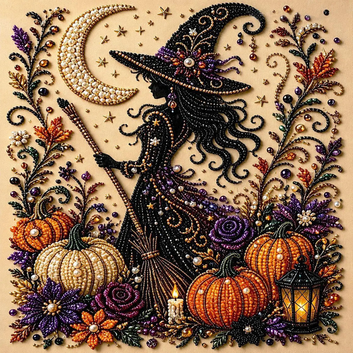 A dark silhouette of a witch with a crescent moon and intricate floral designs surrounding carved pumpkins and autumn foliage
