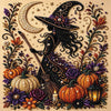 A dark witch figure with a crescent moon and intricate floral designs surrounded by various pumpkins and autumn foliage.