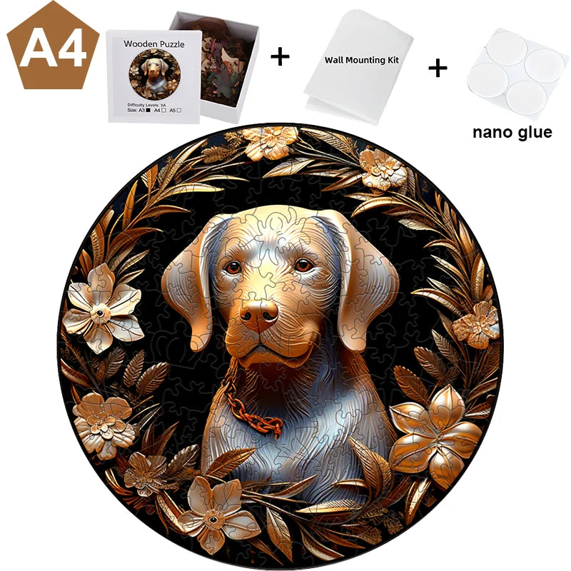 A detailed wooden puzzle of a dog's head surrounded by floral elements, ready for mounting with glue.