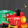 A red and green Christmas steam train toy with lights and sound is shown in a close-up view.