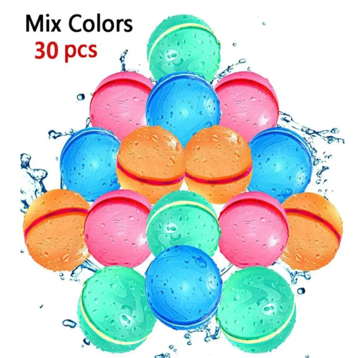 A collection of 30 reusable water balloons in various bright colors including pink, blue, and green.