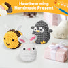A handmade crochet kit featuring adorable animals including a bee, an owl, and a rabbit, displayed on a white background.