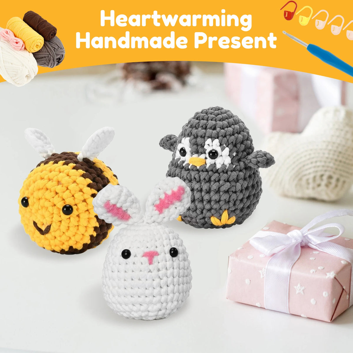 A handmade crochet kit featuring adorable animals including a bee, an owl, and a rabbit, displayed on a white background.