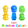 Set of six plastic dough tools for kids featuring various animal cutters and rolling pins in random colors