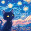 A black cat looking up at a vibrant night sky with colorful clouds and a cityscape below.
