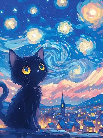 A black cat looking up at a vibrant night sky with colorful clouds and a cityscape below.