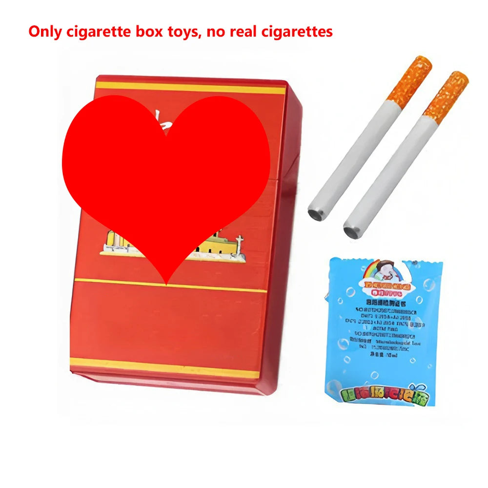 A red box containing novelty bubble machine toys and pipes, with a warning that there are no real cigarettes.
