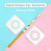A white pocket thermal printer is shown next to a yellow pencil and a wooden ruler on a pink background.