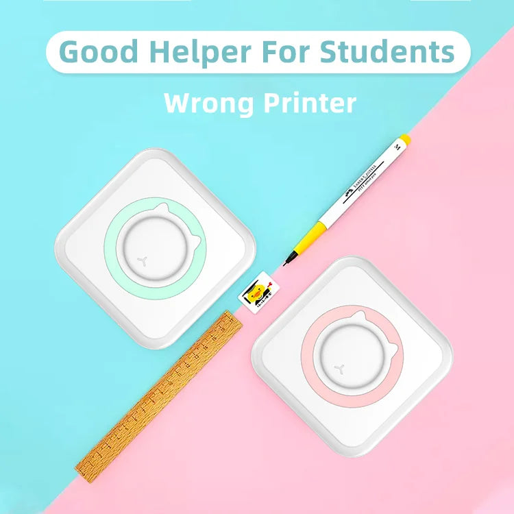 A white pocket thermal printer is shown next to a yellow pencil and a wooden ruler on a pink background.