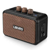 A black portable guitar amplifier with a woven brown grille and control knobs is shown.