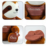 A brown sloth plush toy with a chocolate-colored fabric accessory and a matching hat.