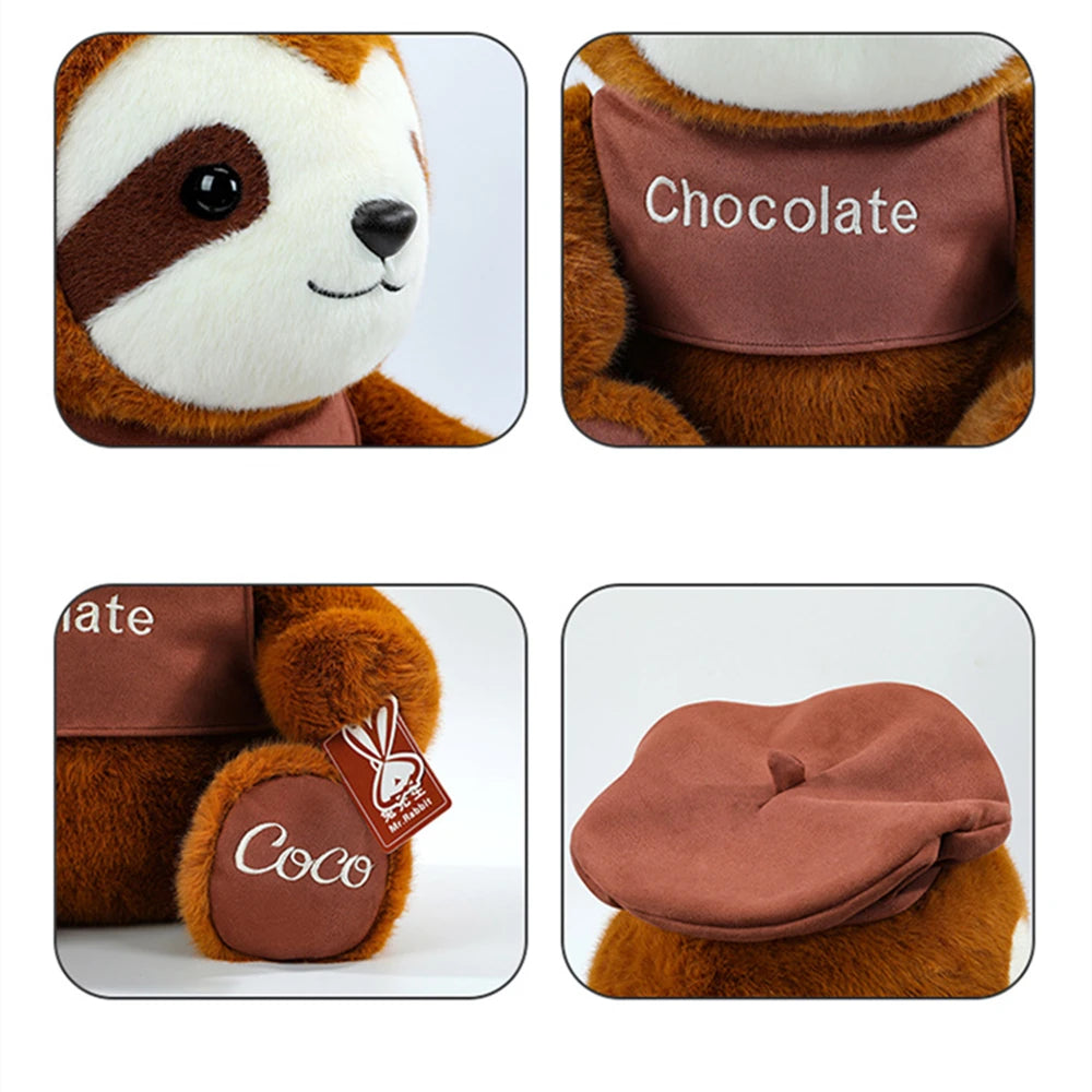 A brown sloth plush toy with a chocolate-colored fabric accessory and a matching hat.