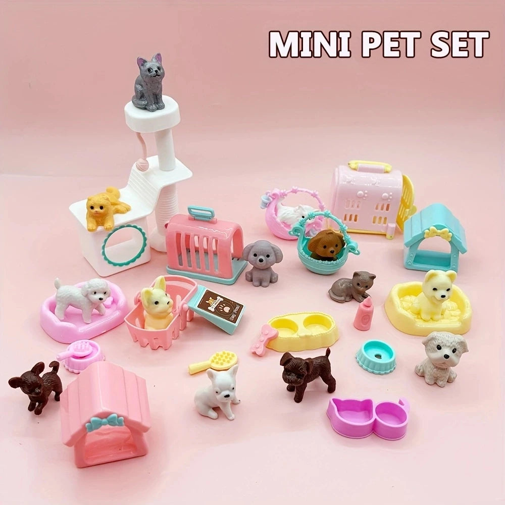 Miniature Pet Figurine Set for Dollhouse Play