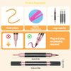 A set of dual-tip glitter brush markers with a metallic finish shown alongside product parameters and dimensions.