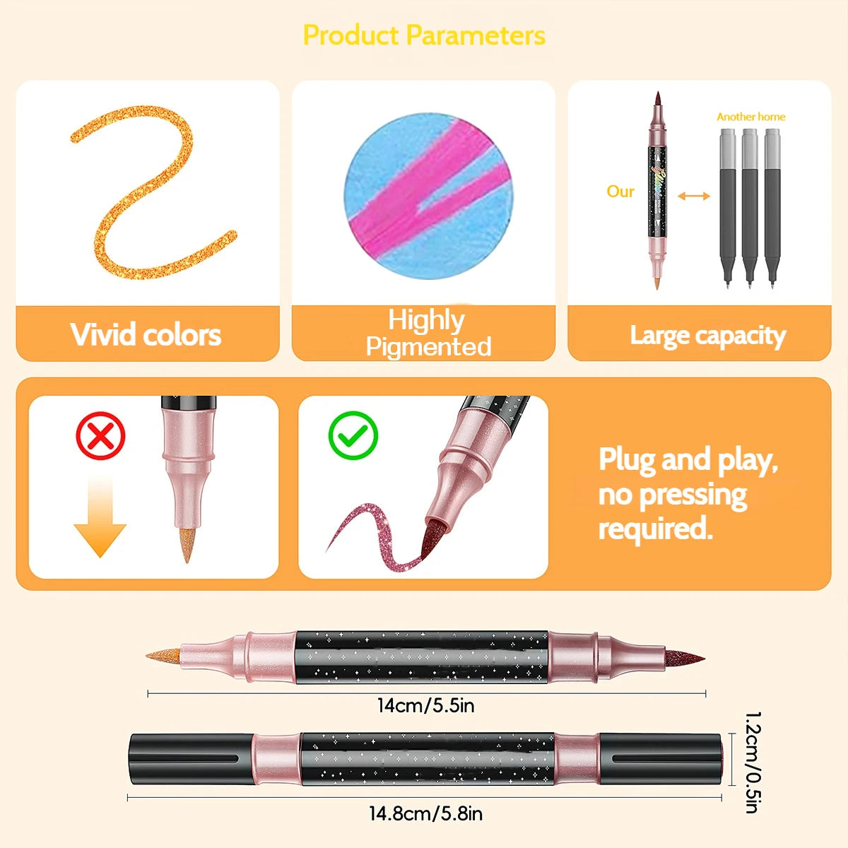 A set of dual-tip glitter brush markers with a metallic finish shown alongside product parameters and dimensions.