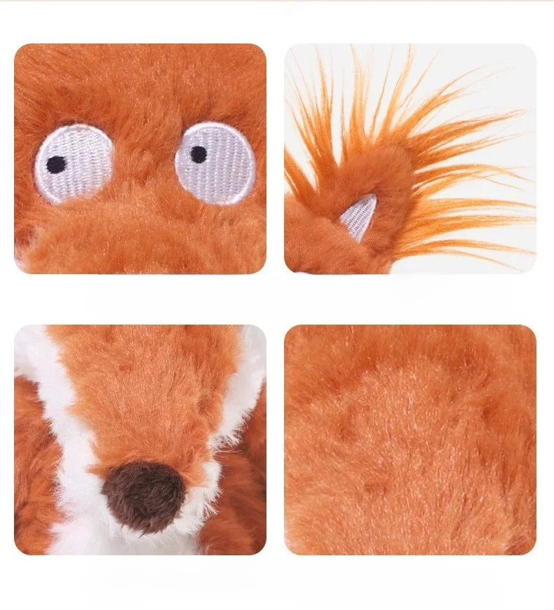 Close-up views of an adorable orange fox plushie showing its face, fur texture, and detail.