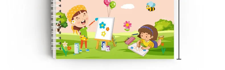 A cheerful girl is writing and drawing in a green outdoor setting with colorful elements.