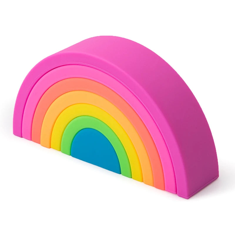 A rainbow-shaped silicone toy with seven colored arches, pink and purple.