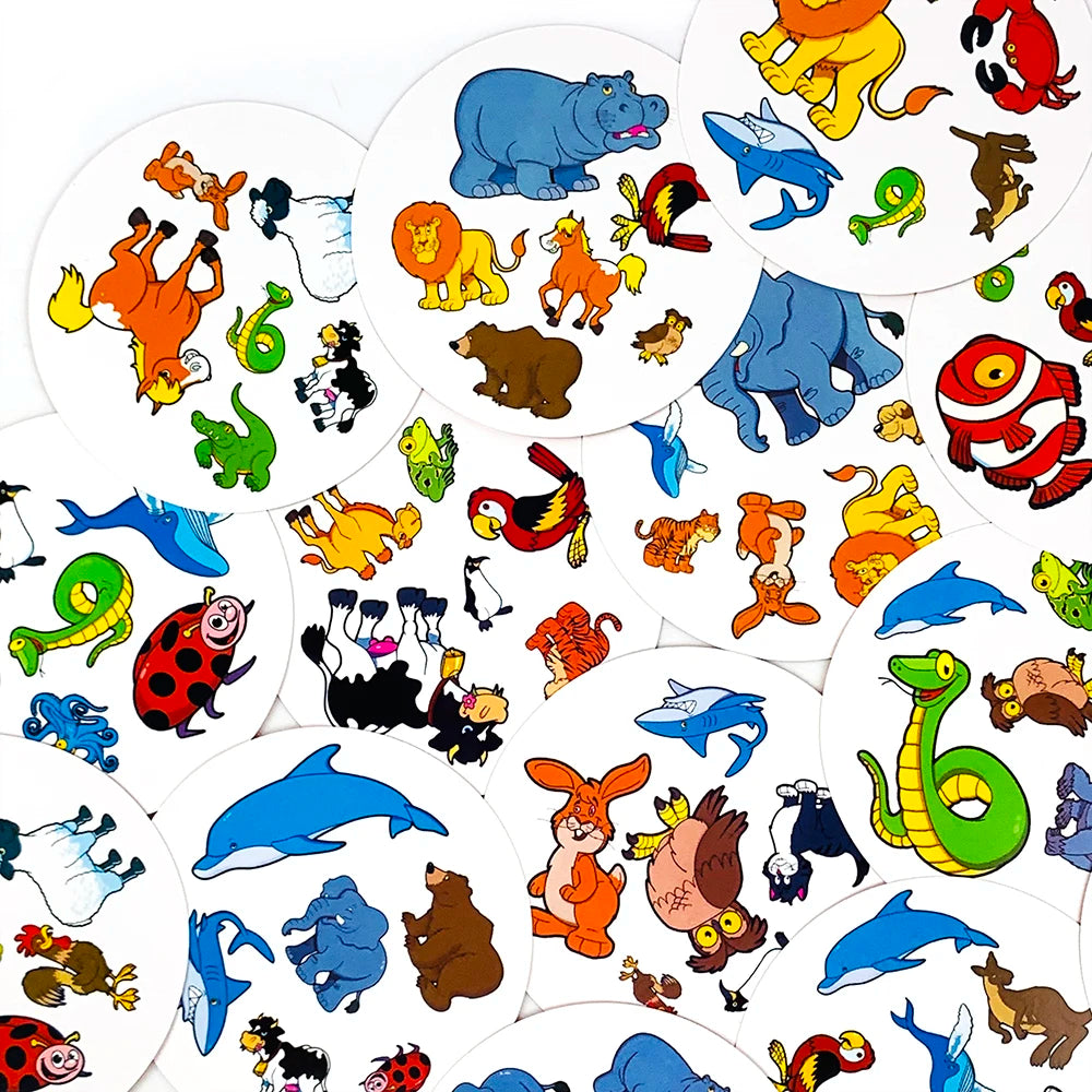 A collection of colorful animal figures in circular cutouts for a family fun card game.