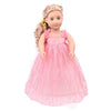 A blonde doll wearing a pink tulle dress with ruffled sleeves and a yellow flower accessory.