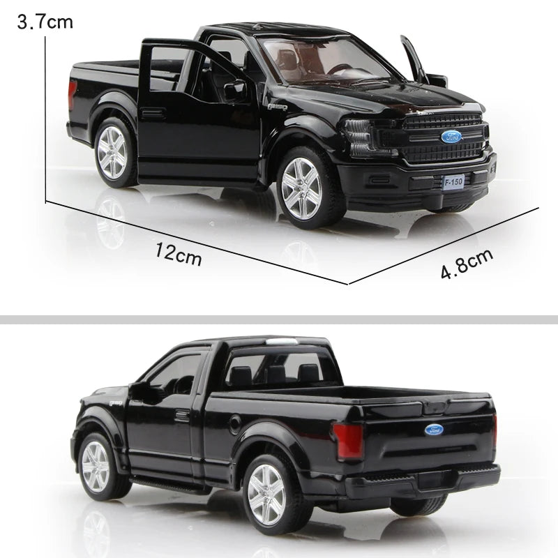 A black Ford F150 SVT Raptor 1:36 diecast model truck shown from the side.