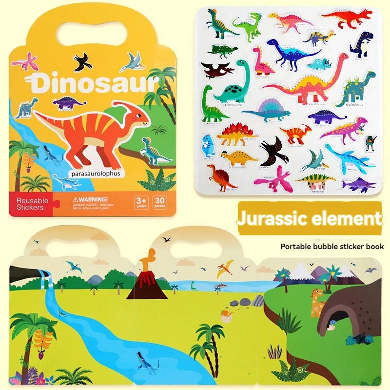 A set of dinosaur reusable stickers in a yellow package and a clear bubble sticker book featuring various dinosaurs and jungl