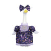 A purple goose plush toy with a bow, decorated with seasonal elements and lace trim.
