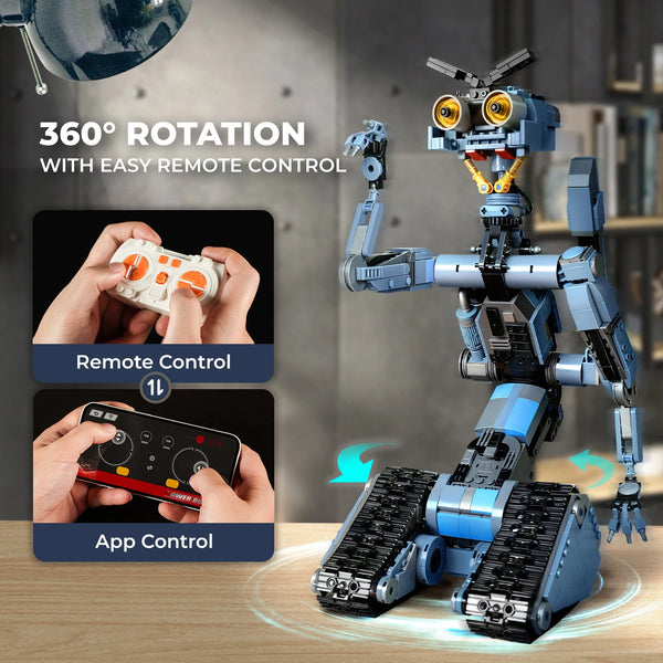 A blue and silver Johnny 5 robot model is shown with a remote control and app interface, demonstrating 360 degree rotation.