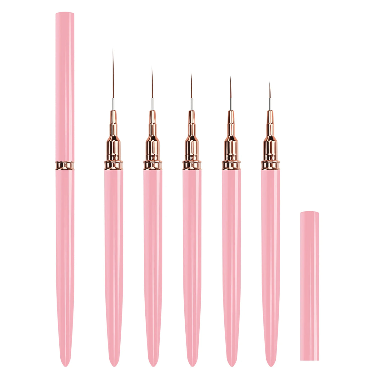 A set of five ultra-fine nail art liner brushes in pink and gold packaging.