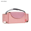 A pink Insular stroller cup and bottle holder with a black strap.