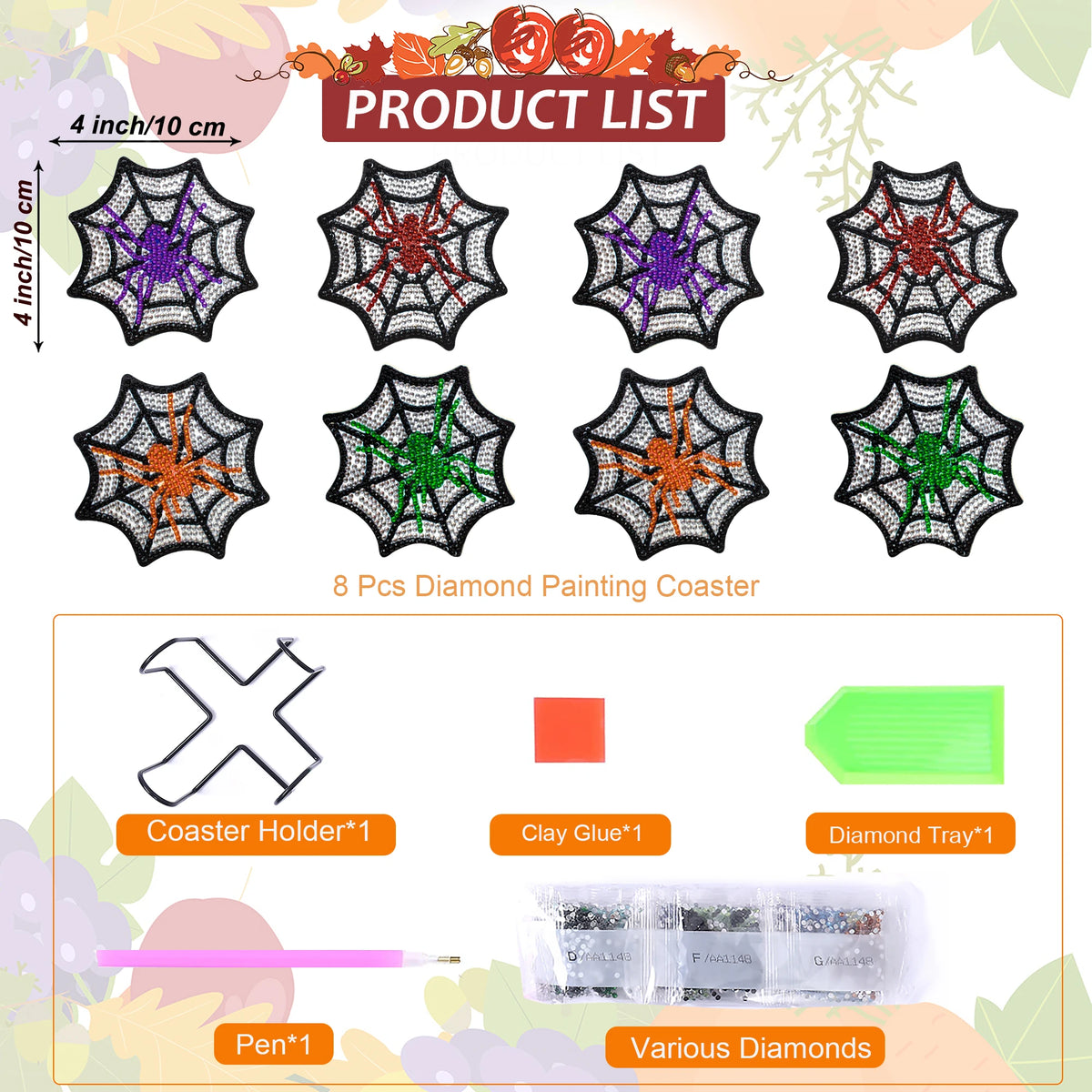A set of eight diamond painting coasters featuring spider web designs, including a holder and clay glue.