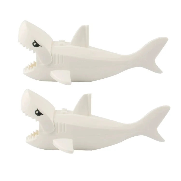 White plastic marine animal building blocks set featuring a shark and other sea creatures