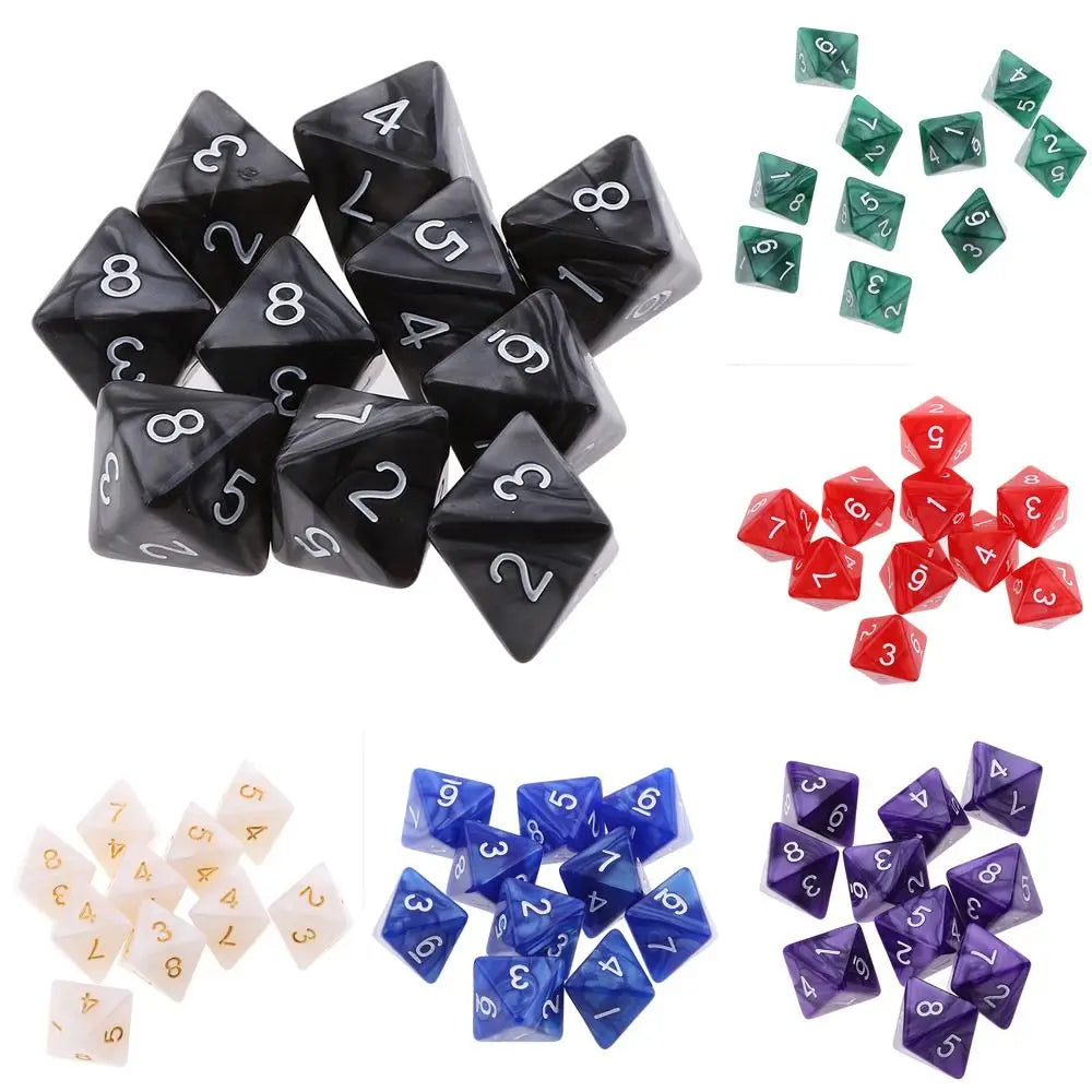 A set of ten acrylic polyhedral dice in various colors and shapes for tabletop role-playing games