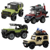 A set of three detailed off-road SUV building blocks in green, red, and beige.