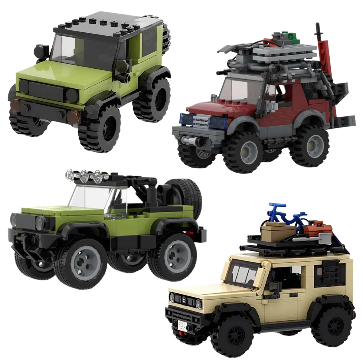 A set of three detailed off-road SUV building blocks in green, red, and beige.