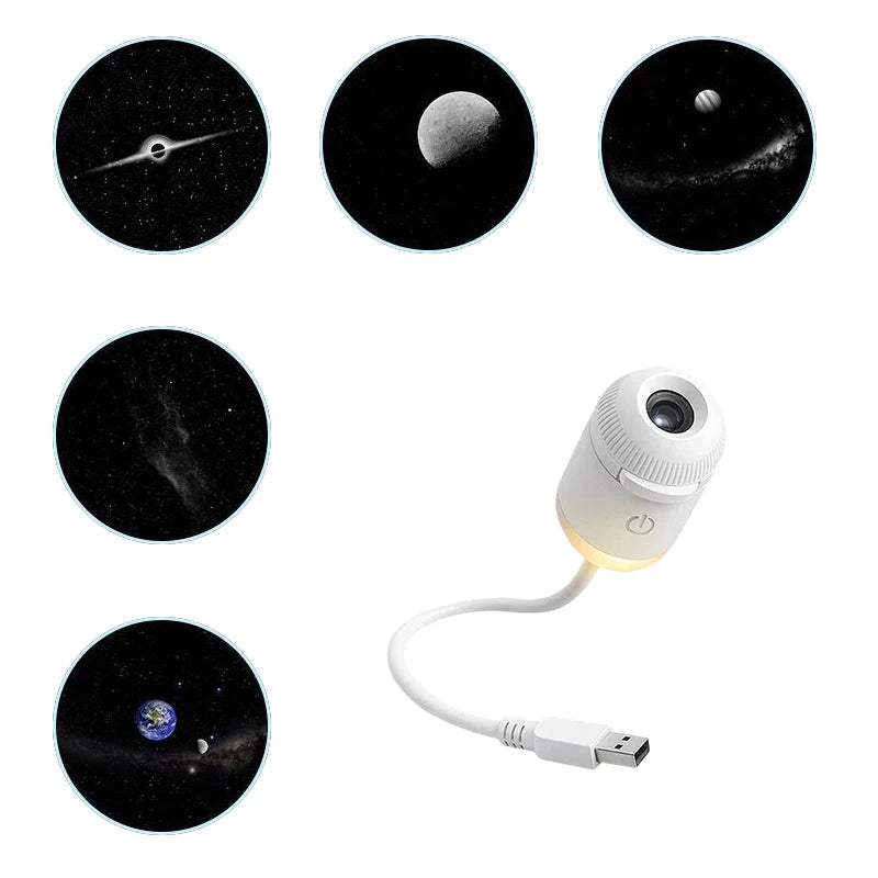 A projector night light device showing various celestial objects and a white light source.