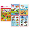 A set of colorful pages from a magic water coloring book featuring various vehicles and animals for toddlers.