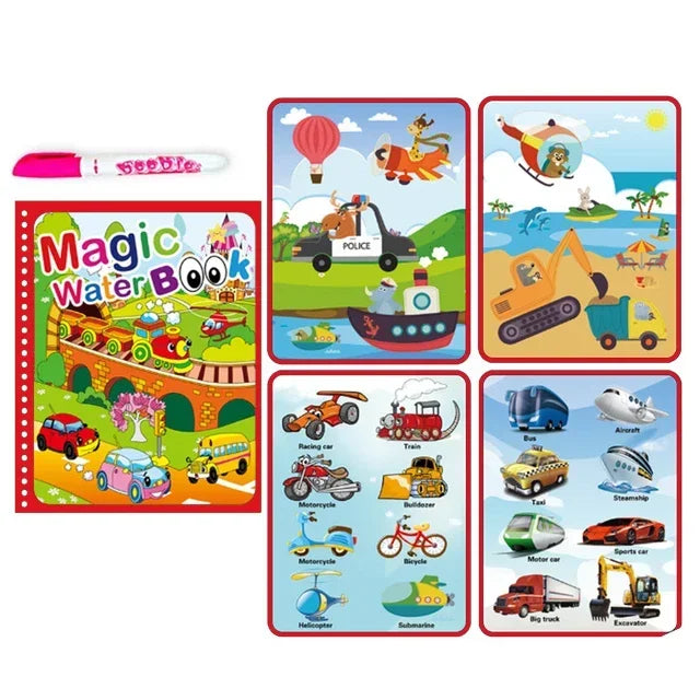 A set of colorful pages from a magic water coloring book featuring various vehicles and animals for toddlers.