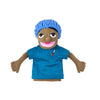 A plush hand puppet of a person with brown skin wearing a blue surgical cap and a blue shirt.